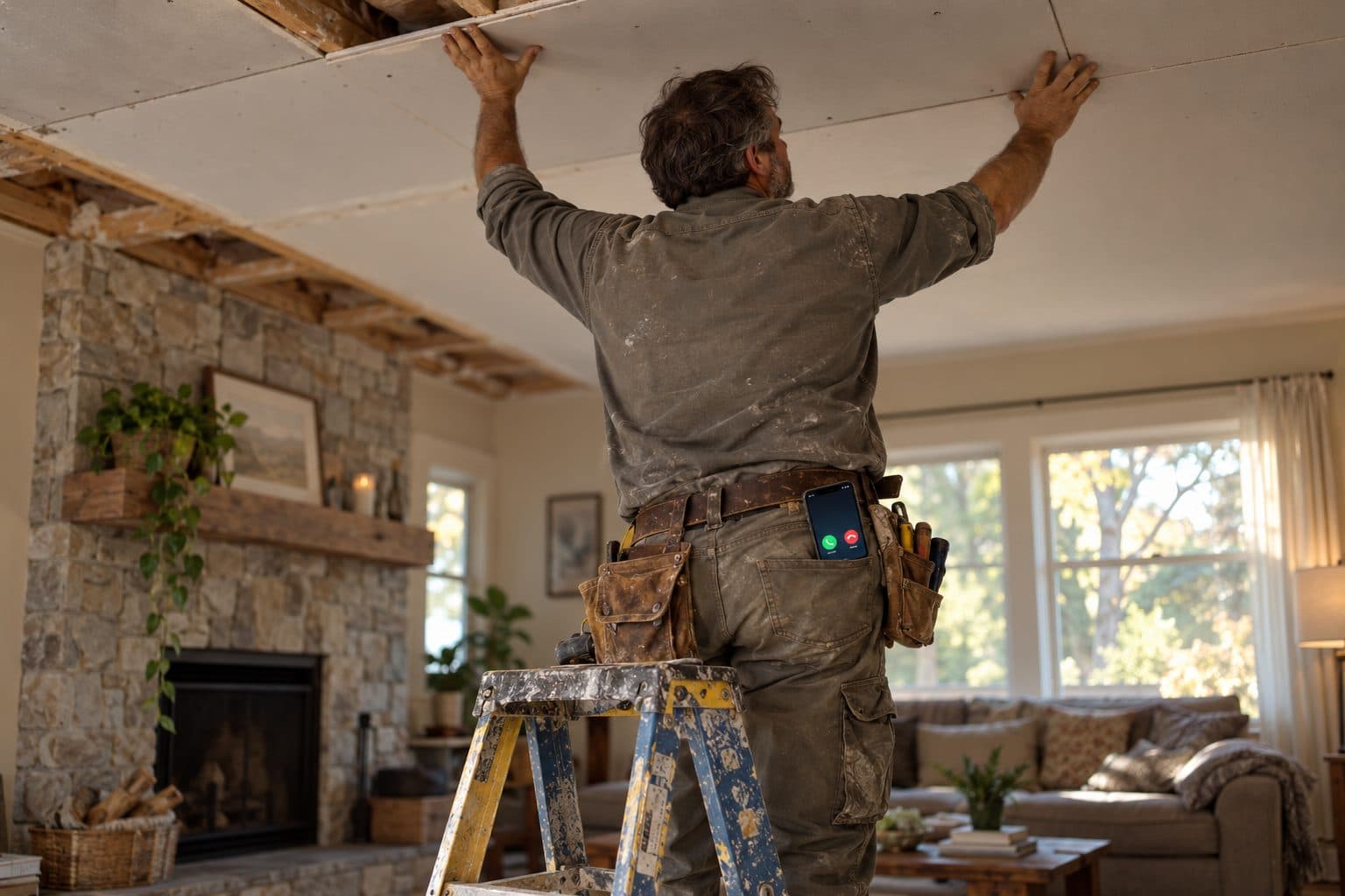 Handyman on a ladder holding drywall while his phone rings in his back pocket