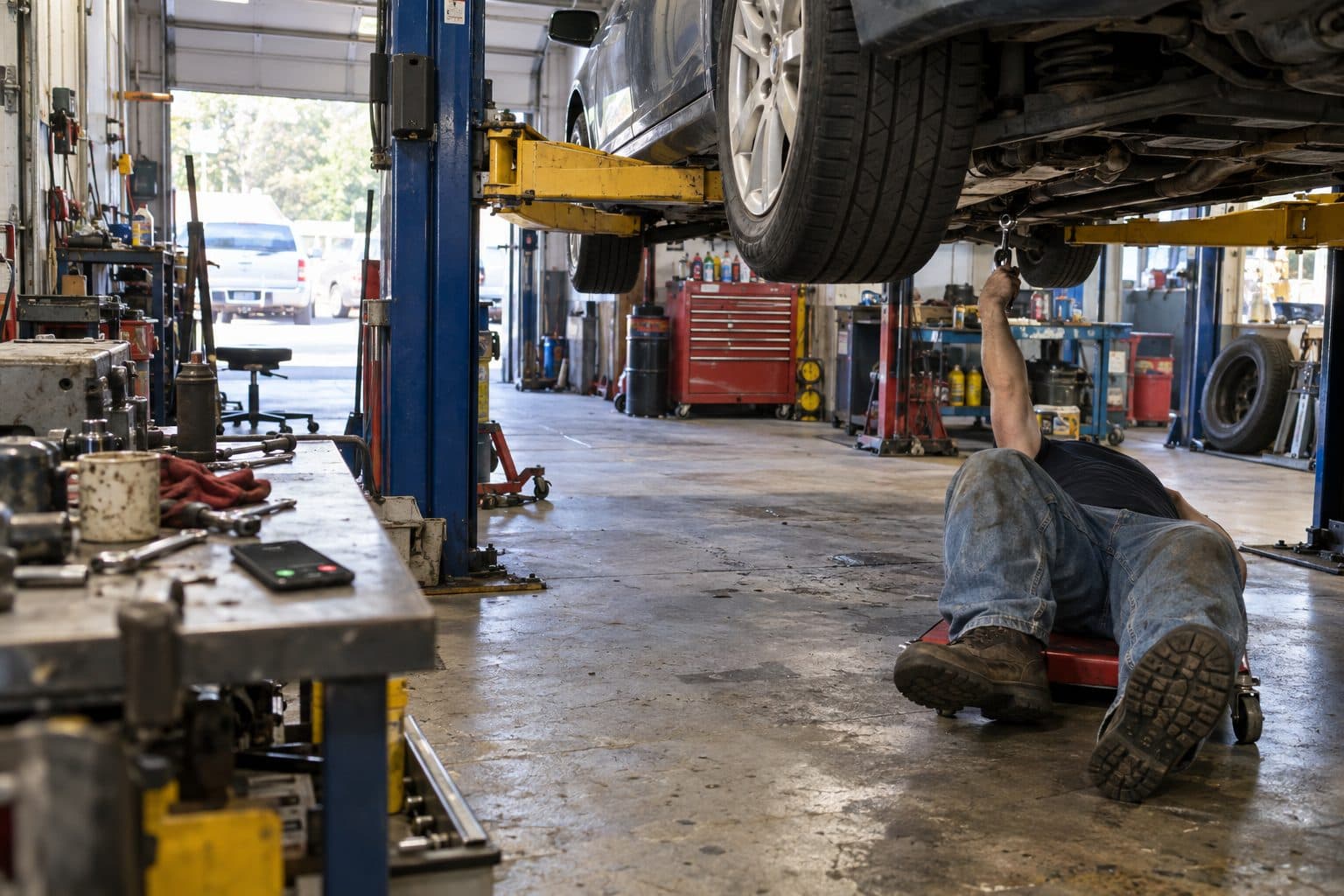 Mechanic under a car while his phone rings on the workbench
